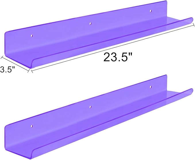 ROYALITA 2-Pack Acrylic Shelves Wall Mounted, 24 Inch Floating Shelves | for Small Items Plants Organize Wall Shelves for Gaming Room, Bedroom, Living Room, Office, Purple
