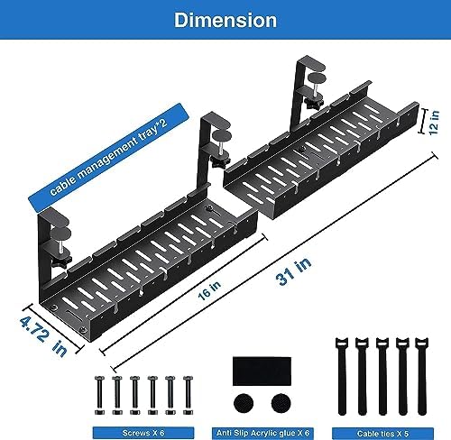 No Drilling Extendable Under Desk Cable Management, Metal Cable Management Tray Under Desk with Clamp, Retractable Power
