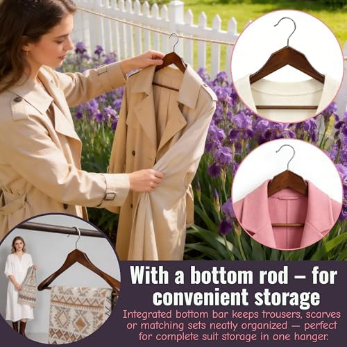 Luxury Wide Shoulder Wooden Suit Hangers with Pants Bar, Solid Wood Jacket Clothes Hangers Smooth Finish for Sweater Dress Pants Sport Coats (Dark Brown, 6 Pack)