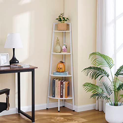 Hoctieon Corner Shelf, 4-Tier Corner Bookshelf, Rustic Corner Ladder Shelf, Industrial Display Shelf for Living Room, Ki