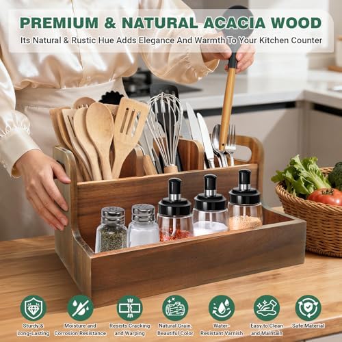 Kitchen Utensil Holder for Countertop with 4 Compartments Acacia Large Utensil Holder Wooden Storage for Cooking,Baking,