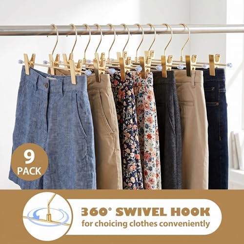9 Pack Pants Hangers with Clips, 12.2 Inch Slim Metal Clothes Hangers with 360° Swivel Hooks, Heavy Duty Space Saving Closet Hangers for Jeans, Slacks, Shorts (Gold)