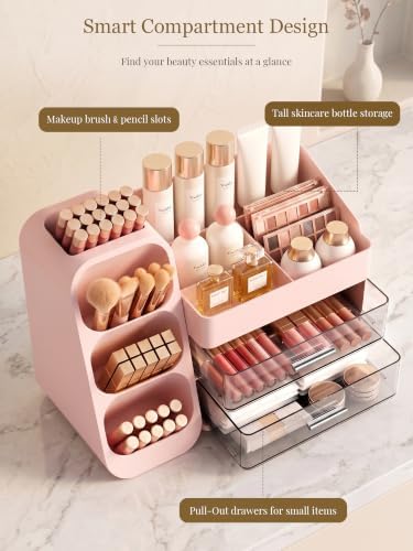 Booklov Large Makeup Organizer for Vanity Countertop, Pink