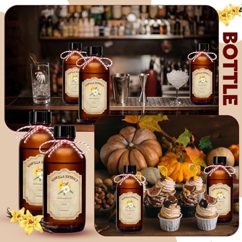 12 Pack 2 Ounce Amber Glass Bottle with Lids Vanilla Extract Homemade Brown Bottle 2 oz and 12Pcs Vanilla Extract Stickers for Syrup Gift Glass