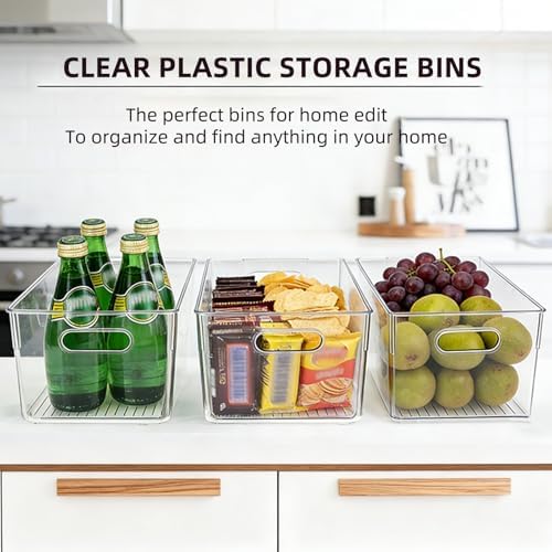 6 Pack Thick Clear Stackable Storage Bins, Cabinet Organizer, Plastiic Containers with Handle for Kitchens, Bathrooms an
