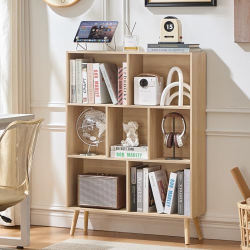 LEYAOYAO Cube Bookshelf, Mid-Century Modern Book Shelf with Legs,Light Wood