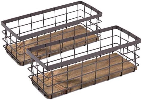 TIEYIPIN Small Metal Wire Storage Basket, Detachable Wood Base Storage Organizer Bin Basket for Kitchen Cabinets, Bathro