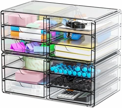 Yieach 2 Pack Acrylic Storage Drawers With 12 Small Drawer,Stackable Office Cabinet Organizer and Makeup Organizer,Clear