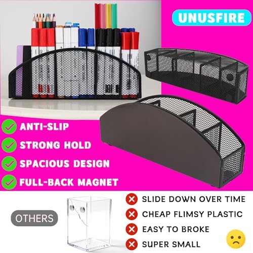 Large Magnetic Marker Holder, Heavy Duty Magnetic Whiteboard Organizer, 5 Slots Mesh Metal Magnetic Dry Erase Marker Holder Pencil Cup Caddy for Whiteboard Fridge Office (Black)