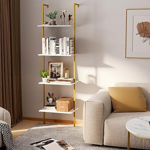 Wolawu Ladder Shelf 4 Tiers Metal Industrial Bookshelf,White Marble Wood Tall Open Storage Rack and Display Shelves,Wall
