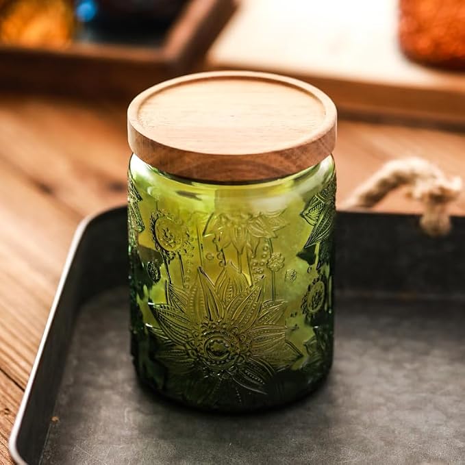 ANSQU Vintage 23.7oz Glass Storage Jar with Solid Wood Lid - Sunflower Embossed Airtight Canister for Coffee, Tea, Candy, Cookies, Bath Salts & More - Decorative Multi-Purpose Jar (Green, 1 Pack)