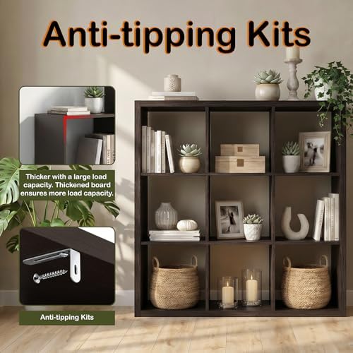 WannabeMyself【2026 Wooden Thick Frame】 9 Cube Storage Organizer with Anti-Tipping Kits, Reversible Open Back Book Shelf,