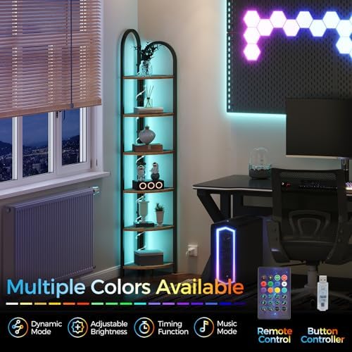 MAHANCRIS 6 Tier Corner Shelf with LED Light, 74.6'' Tall Corner Bookshelf Stand, Narrow Display Bookcase with Storage R