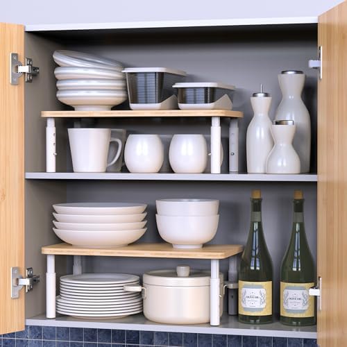 Bamboo Cabinet Organizer Shelf 2 Pack, Height Adjustable