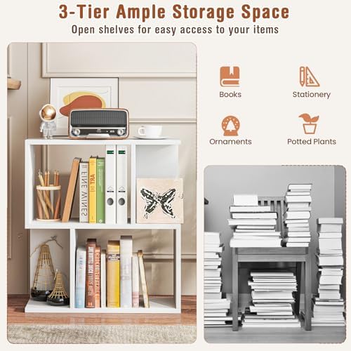 Tangkula 3 Tier Geometric Bookshelf, S Shaped Open Bookcase with Storage, Home Office Decor, Freestanding Wood Display S