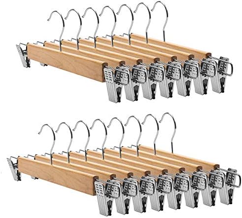 Tosnail 15 Pack 14" Natural Wooden Hangers Skirt Pants Clothes Hangers with Clips and 360° Swivel Hook, Heavy Duty Jeans Hangers - Natural