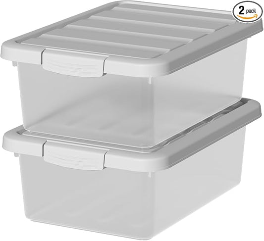2-Pack Medium Storage Bins with Lids, 14 Quart Stackable See-Through Organizing Box, Nestable Containers with Secure Latches