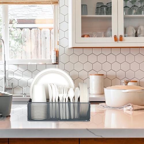 Paper Plate Organizer for Countertop, Metal Silverware Caddy for Cup, Fork, Spoon, Napkin, Paper Plate and Utensil Holde