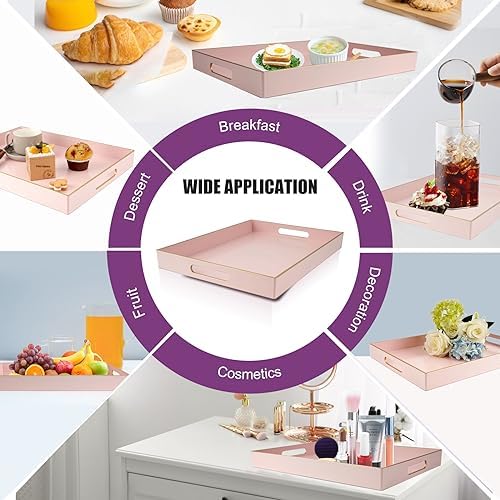 Gifturbo Pink Large Serving Tray with Handles，Rectangular Plastic Elegant Decorative Coffee Table Tray for Ottoman, Livi