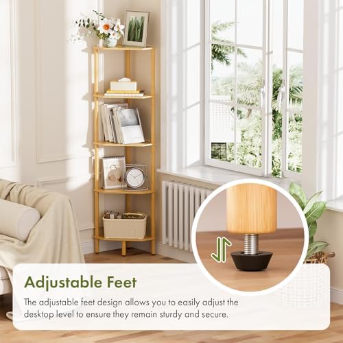 Corner Shelf, 5 Tier Bamboo Corner Bookshelf, 54" Tall Narrow Bookcase, Plant Stand, Corner Display Rack, Shower Caddy, 