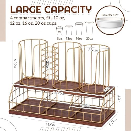 Geelin 18oz Adjustable Coffee Cup Dispenser with Wooden Base, Cup and Lid Holder, Cups Holder Organizer for Coffee Pod S