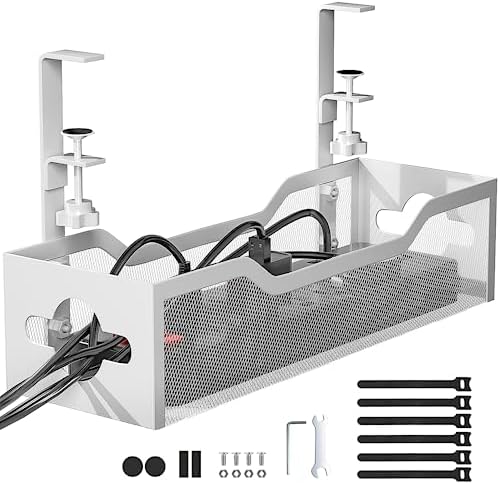 Under Desk Cable Management Tray No Drill, 13.38'' Metal Tray with Clamp for Wire Management, Litwaro Cord Organizer Hom