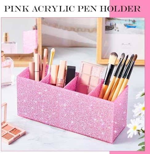 Jetec Acrylic Pen Holder for Girl Desktop, 4 Compartments, Sparkly Pink