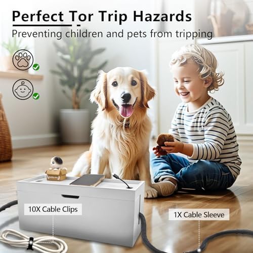 15 Inch Bamboo Large Cable Management Box, White Cord Organizer
