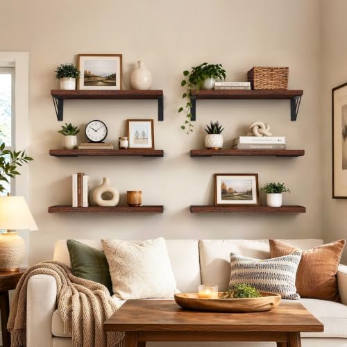 BAYKA Wall Mounted Floating Shelves (Rustic Brown, Set of 6, 16" Uniform)