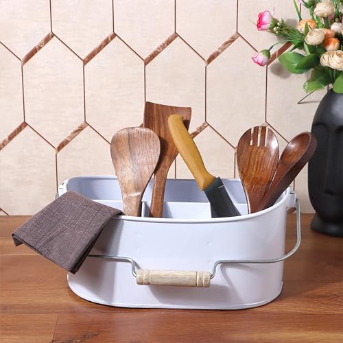 Alpha Living Home Galvanized Utensil Caddy White 4 Section Cutlery Holder
