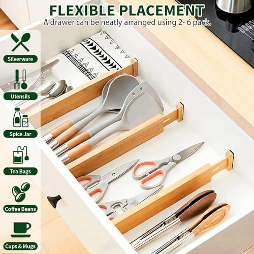 CMOOD 6 PCS Bamboo Drawer Dividers, Kitchen Drawer Dividers, 17"-22" Expandable Adjustable Bamboo Drawer Dividers Organi