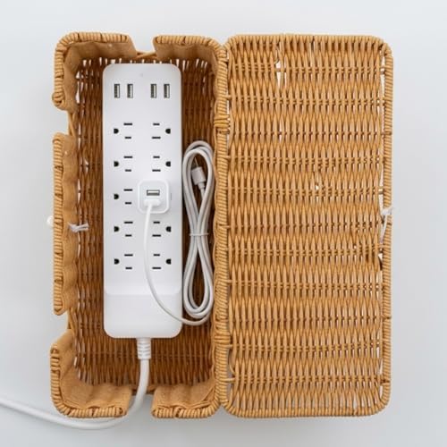 Rattan Cable Management Box, Woven Cord Organizer and Cord Hider with Lid to Hide Power Strips, Aesthetic Wire Hider for