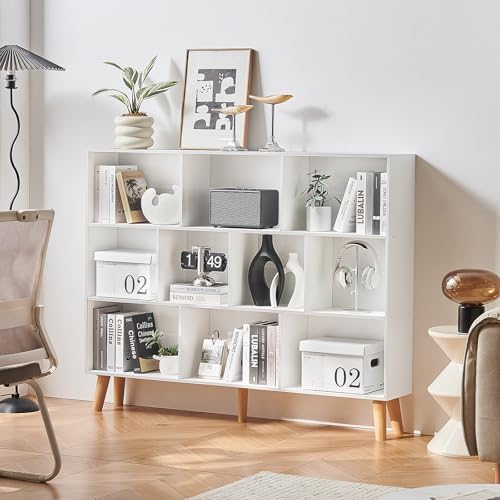 LEYAOYAO 10 Cube Bookshelf, Mid-Century Modern Book Shelf with Legs, White