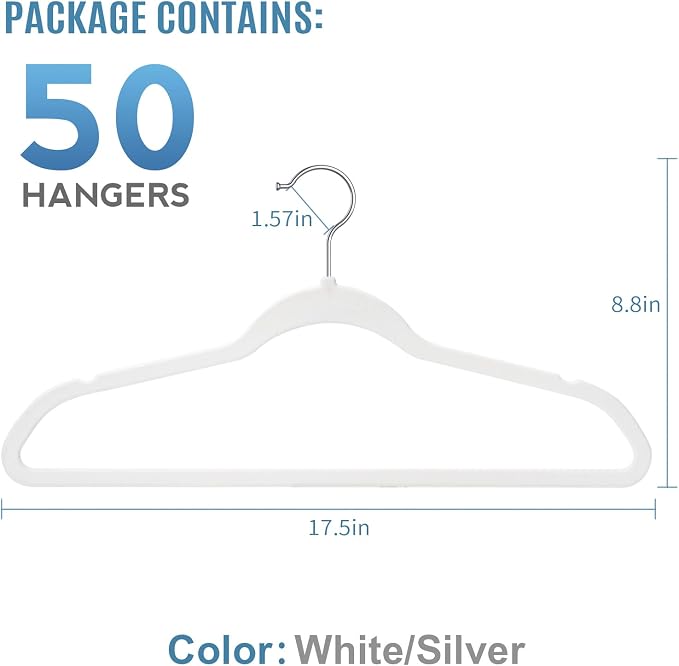 TIMMY 50 Pack Velvet Hangers, Non-Slip Ultra-Thin Space-Saving Suit & Coat Hangers with 360° Silver Swivel Hook - Hold 10 lbs, for Blazers, Dresses & Pants (White/Silver, 17.7 in) r