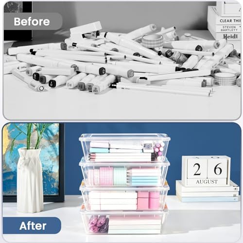 Sooez 6 Pack Pencil Boxes, New Extra Large Pencil Case, Stackable Crayon Pen Box, Clear Marker Organizer Craft Storage, Plastic Containers with Lids, Art Storage Box for School Supplies, Orange