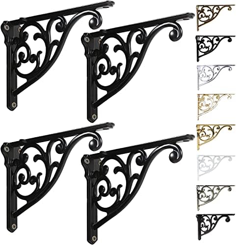 Shelf Brackets 8 Inch 4PCS Heavy Duty Matte Black Wall Bracket Baroque Kitchen Decorative Rack Shelves, Including All Ha