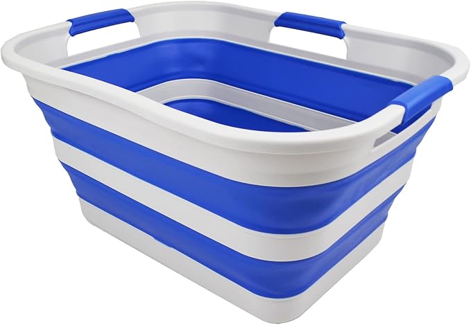 SAMMART 30L(8 gallon) Collapsible Plastic Laundry Basket - Foldable Pop Up Storage Container/Organizer - Space Saving Hamper/Basket - Water Capacity 24L(6.3 gallon) (1, Grey/Purplish Blue)
