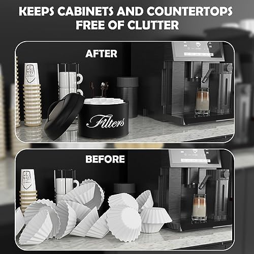 Black Basket Coffee Filter Holder With Lid - Round Container for Counter Storage - Rustic Farmhouse Bar Accessories Deco