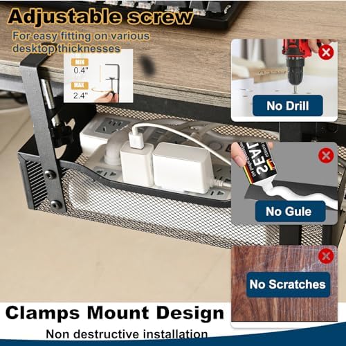 Large Under Desk Cable Management Tray - Heavy Duty Metal Cord Organizer with No Drill Installation for Office & Home Of