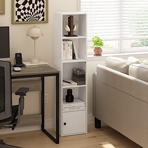 Furinno LUDER Book Shelf, 5-Tier Modern Bookshelf, Bookcase with 1 Door Storage Cabinet, 9.3 x 12 x 52, for Organization