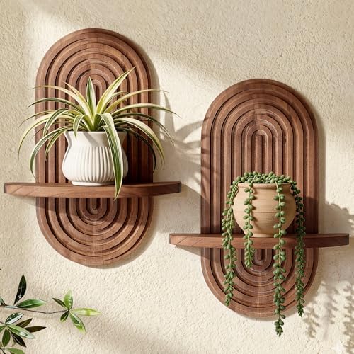 Heiple Set of 2 Boho Arched Floating Shelves 15.7”x 7.8” Plant Wooden Hanging Shelf for Living Room Bedroom Mid Century 
