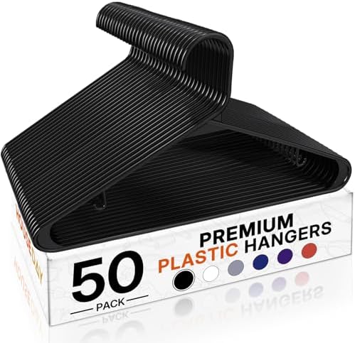 HOUSE DAY Black Plastic Hangers 50 Pack, Slim Space-Saving Clothes Hangers