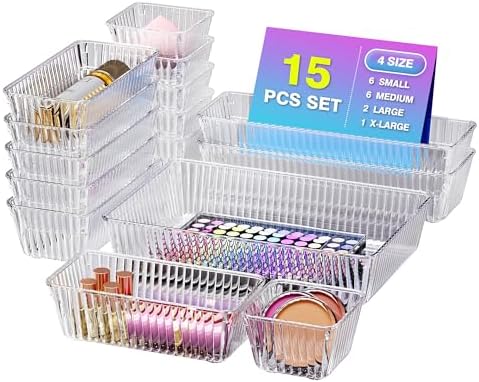 15 PCS Clear Plastic Drawer Organizer Set, Makeup Organizer Trays