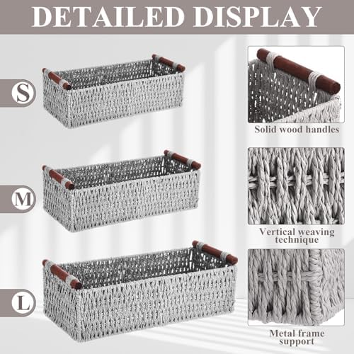 Boao 3 Pcs Boho Storage Wicker Baskets Handmade Woven Decorative Paper Rope Baskets for Organizing with Handle Counterto