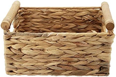 Natural Woven Water Hyacinth Storage Basket with Wood Handles, Large