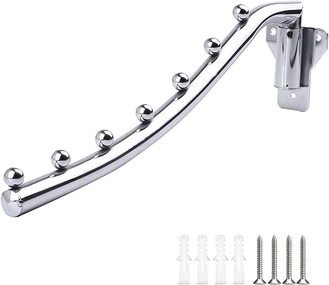 Wall Mounted Folding Clothes Hanger Stainless Steel, Metal Wall Mount Garment Hook with Swing Arm Space Saver Cloth Hanging System Closet Storage Organizer Coat Hook for Bathroom Bedroom Laundry Room