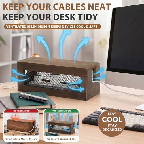 Chunful 13 Inch Cable Management Box, Wood Cord Hider Organizer with Magnetic Lid & Organizer for Power Strip, TV Wires 