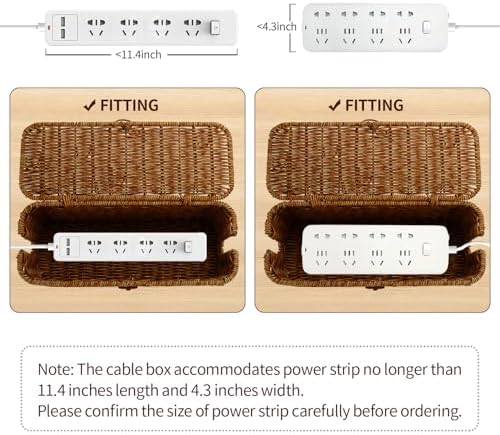 Cable Management Box, Desk Handwoven Rattan Cord Hider Cable Organizer Box With Lid Button Lock, Power Strip Cover Wicke