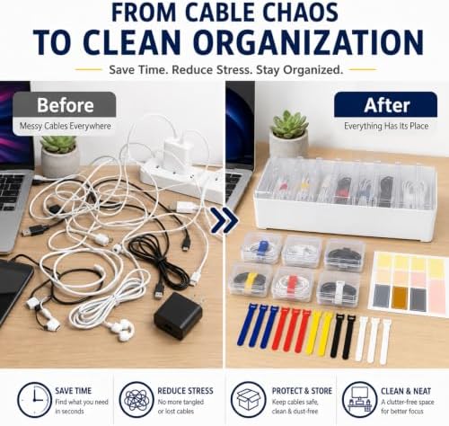 Cable Organizer Storage Box 2 Pack with 14 Clear Cases for Cords & Wires