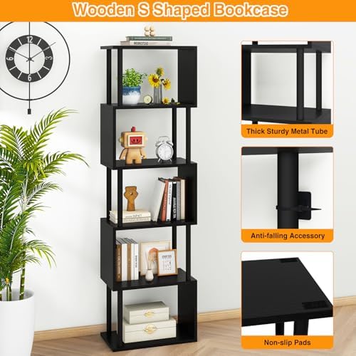 IBUYKE 6-Tier Tall Bookshelf,S-Shaped Geometric Bookcase,Black WBC016B